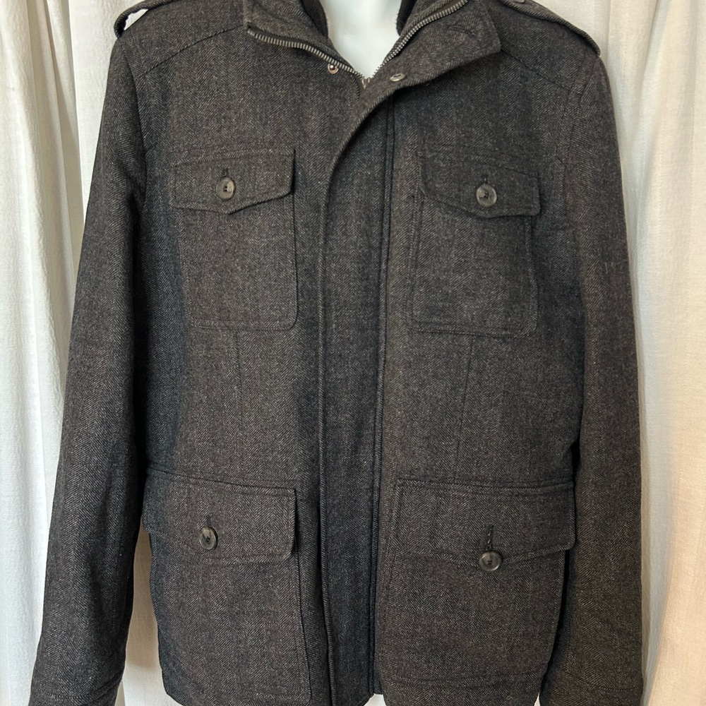 Coat: Dockers tweed herringbone gray military style field jacket large